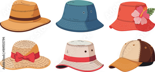Collection of six different summer hats including straw hats, bucket hats, and a baseball cap, essential beach and vacation accessories vector illustration on white background.
