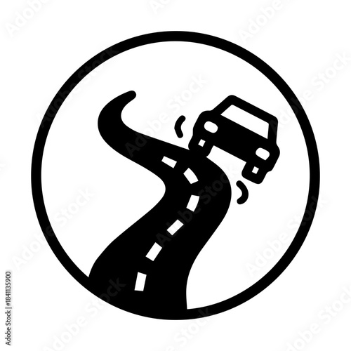 A bold black-and-white icon of a car skidding on a winding road, representing a slippery or hazardous driving condition.