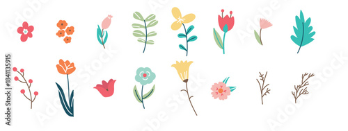 Cute Abstract floral elements set with different types of summer exotic flowers, plants illustrations collection in cartoon retro groovy funky naive style. Spring wildflowers, vector illustration.