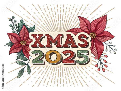 XMAS 2025 Typography Red Decorative Isolated on White Background