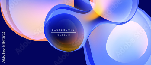 Abstract fluid shapes overlap, creating vibrant blue, orange gradients. Modern design features text background, design. Smooth curves suggest motion.