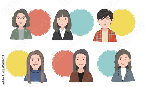 笑顔の女性6人のプロフィール用フレーム｜手描きタッチのイラストアイコン