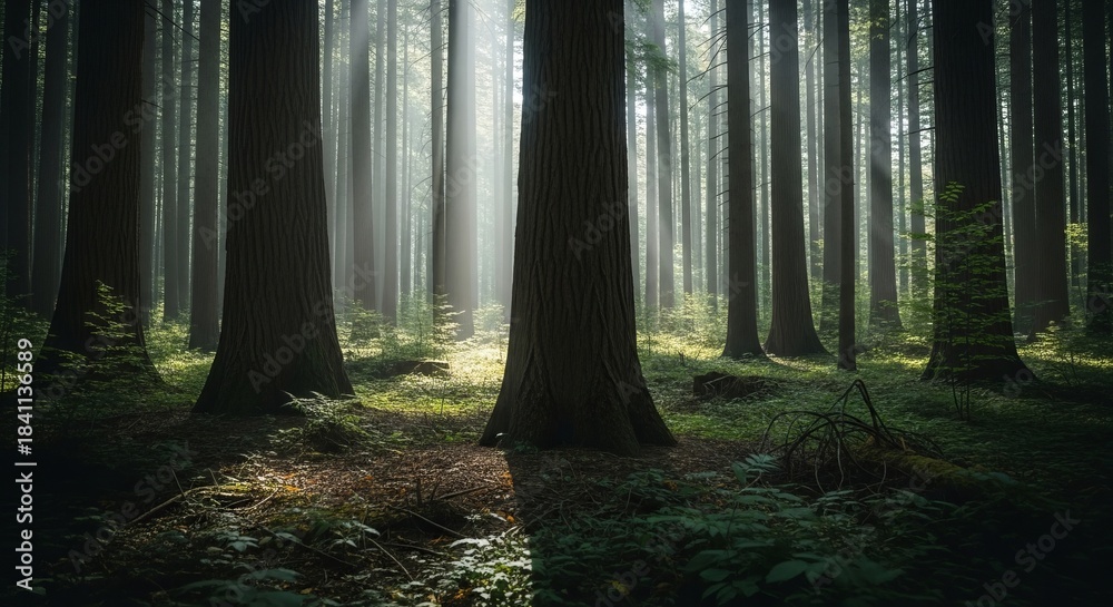 Fototapeta premium Sunlight streams through a tranquil, ancient forest, illuminating mossy ground.