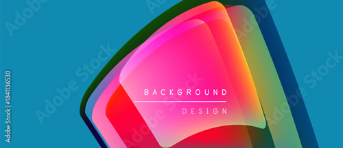 Abstract vibrant layers overlap. Bright colors blend, creating modern background design. Turquoise dominates space. Pink, green hues present.