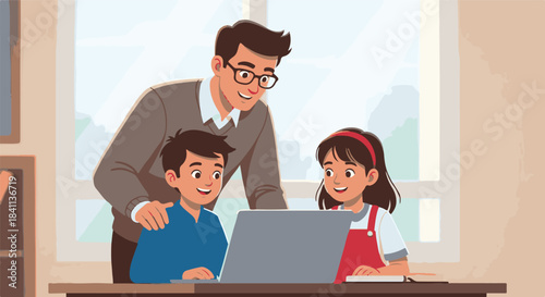 A supportive father or teacher engages two happy children, a boy and a girl, in interactive online learning using a laptop in a bright home or classroom setting