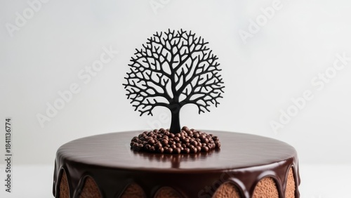 Rich chocolate cake with glossy ganache drip crowned by intricate black tree topper and cocoa pearls, sophisticated nature-inspired dessert perfect for elegant winter celebrations and special occasion