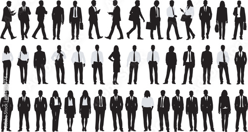 Diverse Silhouettes of Business People Standing, Walking, and Working, Featuring Male and Female Professionals in Formal Attire for Vector Use