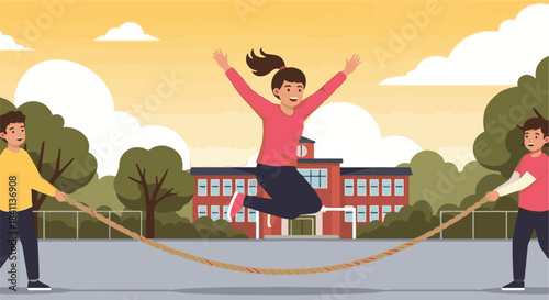 Energetic children engage in a joyful jump rope game outdoors at school, promoting active play, physical fitness, and healthy childhood development