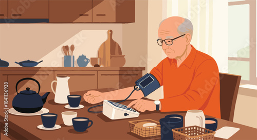 Elderly Gentleman Engaged in Regular Health Check-up, Measuring Blood Pressure with a Digital Monitor at His Kitchen Table