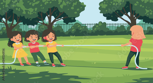 Joyful children engage in an energetic game of tug-of-war in a vibrant park setting, promoting teamwork and outdoor fun