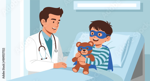 Doctor wearing a stethoscope smiles at a young boy dressed as a superhero holding a teddy bear in a hospital bed