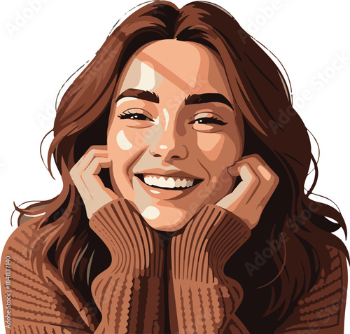 Bright and expressive illustration of a happy young woman with flowing brown hair, her radiant smile exuding joy and positivity, creating a warm, approachable, and delightful visual
