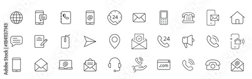 Line style web icon set for communication. Speech bubble, chat, talking, discussion, conversation, contact us, consultation signs for mobile and web app. Vector illustration.