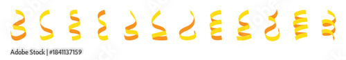 Yellow serpentine ribbon swirling, celebrating festive events, party decoration elements with transparent background, Vector illustration.
