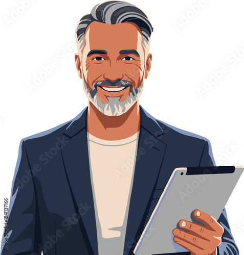 Mature man with graying hair and beard holding a tablet and smiling confidently