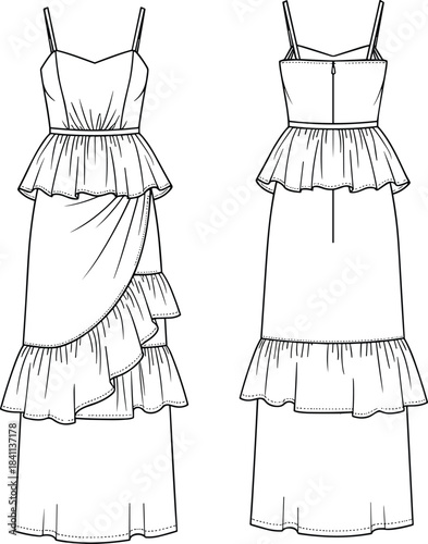 Women's cami maxi dress technical fashion flat vector illustration CAD drawing spaghetti straps wrap skirt tiered peplum frill ruffle clothing apparel.