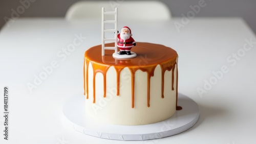 Playful Santa figurine climbing ladder on glossy caramel drip cake, smooth white buttercream sides and minimalist styling create a whimsical yet elegant Christmas dessert for cozy winter celebrations
