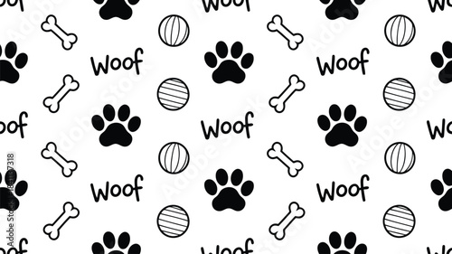 A cheerful repeating pattern displays black dog paw prints, outline bones, round balls, and the word woof