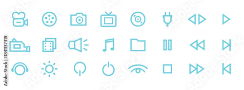 Cinema icon set. Movie sign collection. Set of cinema, movie, video icons, collection film, tv. Popcorn box package Big movie reel. Open clapper board.