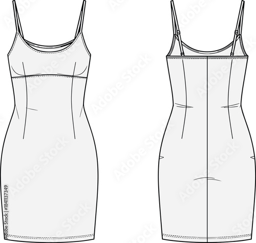 Women's fitted slip mini dress technical fashion flat vector illustration CAD drawing spaghetti straps bodycon sheath silhouette apparel clothing blank template.