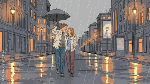 Young couple walks arm in arm under an umbrella down a wet city street during a heavy evening rain shower