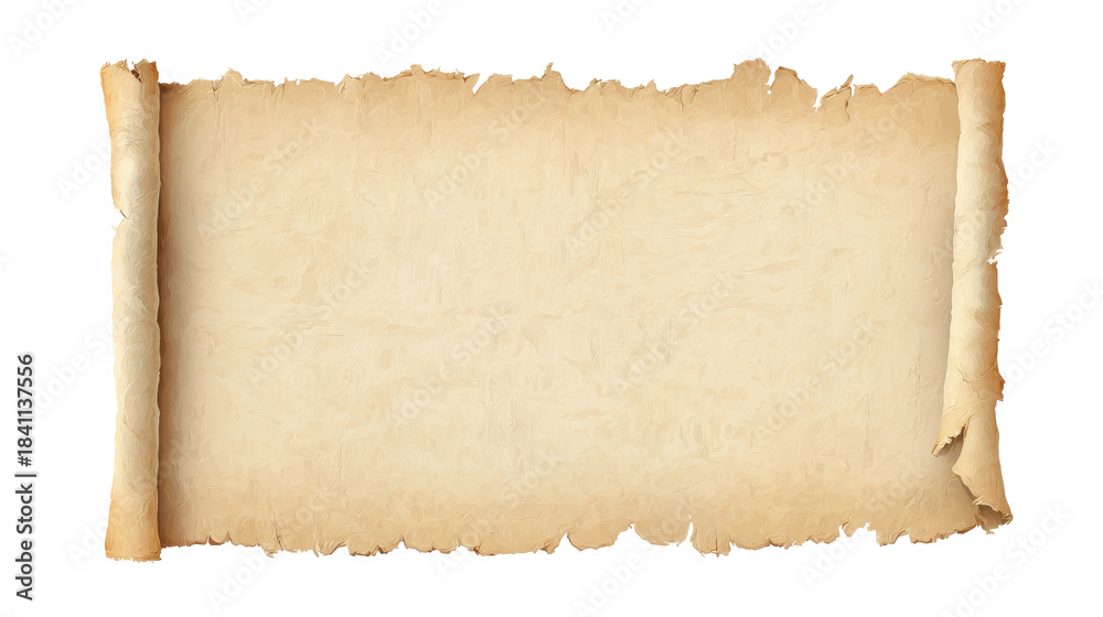 Fototapeta premium Antique papyrus scroll unfurling to reveal a weathered blank parchment with torn, ragged edges and aged textureisolated on transparent background for vintage designs