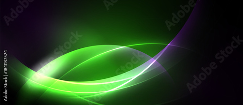 Abstract green waves, bright light, dark background. Smooth curves create dynamic visual effect. Modern design element.