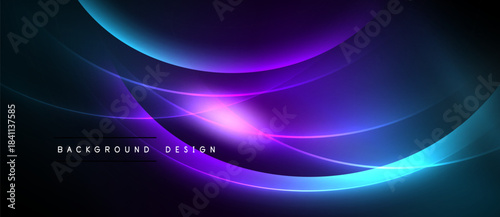 Abstract design features flowing curves, vibrant blues, purples, bright light. Dark background enhances luminosity, creating dynamic visual effect.