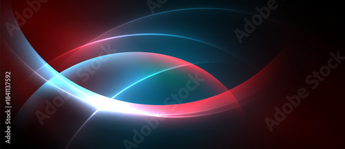 Abstract design features vibrant curves, glowing lines. Red, teal, white blend into dark background. Dynamic, modern aesthetic.