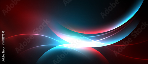 Abstract design features flowing curves, vibrant red, blue hues. Bright white light emanates from central point, creating dynamic effect.