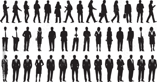 Large Collection of Diverse Business Silhouettes Featuring Men and Women Professionals in Formal Corporate Attire for Branding and Marketing Vector Graphics