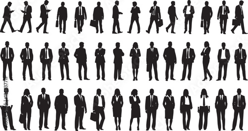 Large Collection of Diverse Business Silhouettes Featuring Men and Women Professionals in Formal Corporate Attire for Branding and Marketing Vector Graphics