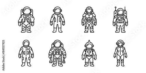 Astronaut spacesuits and space exploration line icons set