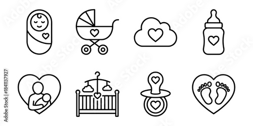 Newborn baby care and motherhood line icons set