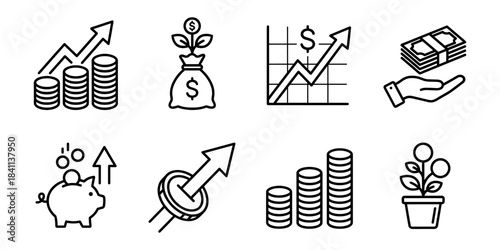 Financial growth and investment strategy line icons set