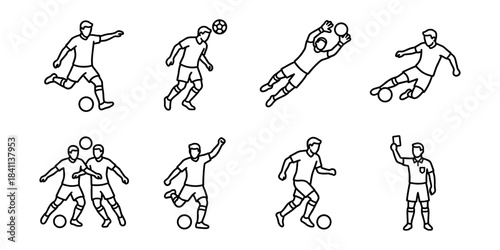 Football soccer player actions line icons set