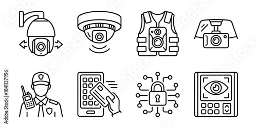 Surveillance and access control security line icons set