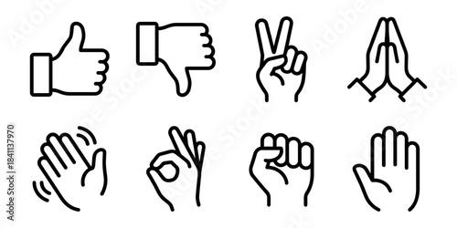 Hand gestures and human interaction line icons set