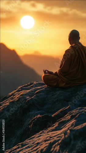 A serene scene with a monk meditating on a rock formation during a vibrant sunset.