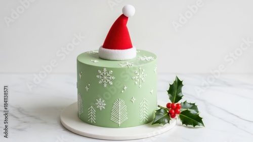 Title (≈175 characters)
Chic pastel green Christmas cake with white snowflakes, trees and bold red Santa hat topper, accented by fresh holly berries for a playful yet elegant modern winter holiday cen