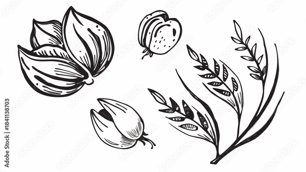 Fototapeta premium Very beautiful monochrome botanical collection of flowers and leaves rendered in precise black-and-white linework, providing versatile decorative elements suitable for elegant invitations, wallpaper 