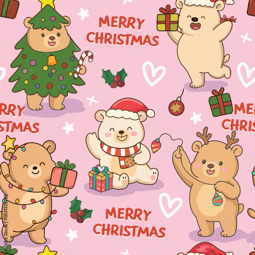 Fototapeta premium Cute teddy bear having fun on christmas day on pink background seamless pattern