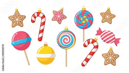 Festive Candy Delights: A whimsical arrangement of various candies, gingerbread stars, and ornaments ready to sweeten the holiday season.