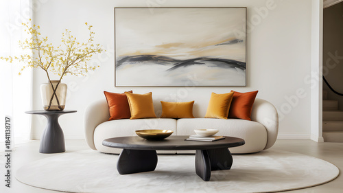 Cream sofa with orange and yellow pillows and abstract art