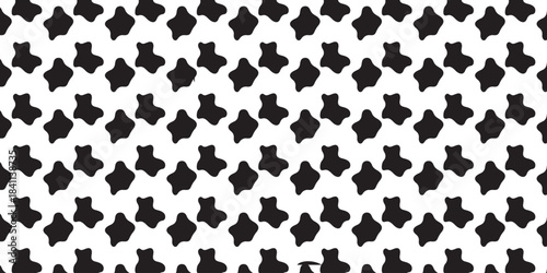 This image displays a repeating pattern of black, irregular shapes on a white background. The shapes are reminiscent of small, abstract blobs or stylized paw prints, arranged in staggered rows. 