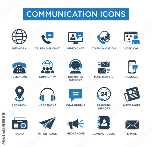 Communication Icons Set – Chat, Message, Network, Support, and Media Vector