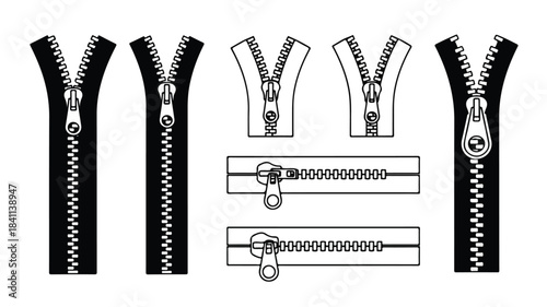 Detailed illustration of various zipper designs and parts on a white background in a graphic resource style.