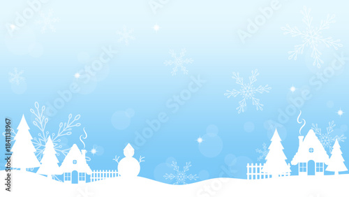 Winter Village Silhouette With Glittering Snowflakes Background