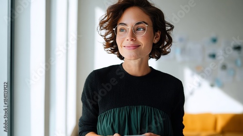 Woman in office with curly hair and glasses.