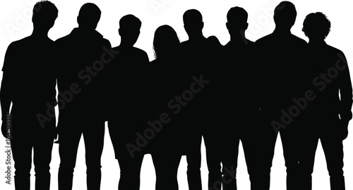 A gathering of various individuals portrayed as anonymous silhouettes standing closely together